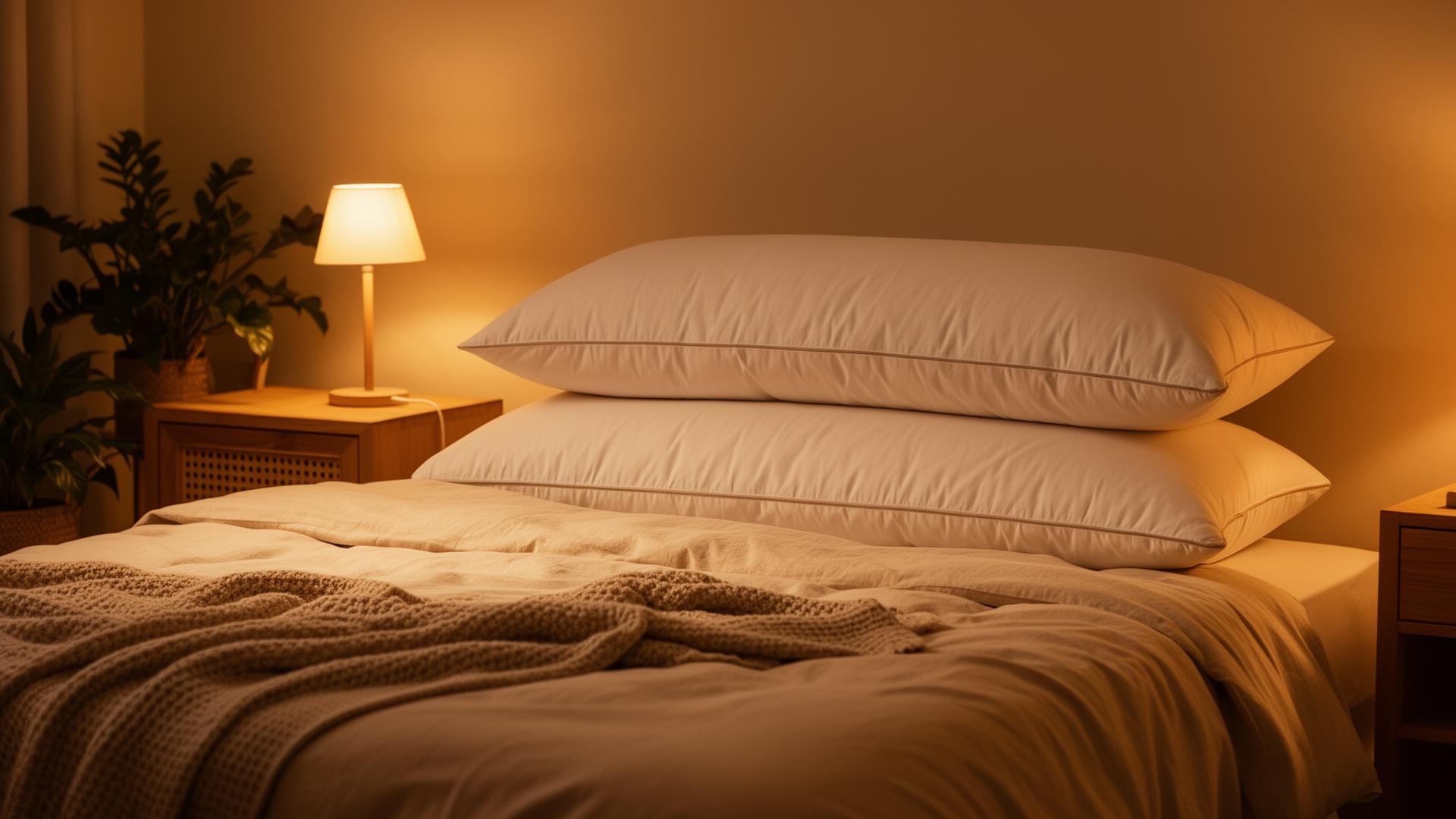 Cozy bedroom scene with adjustable pillows and warm ambient lighting